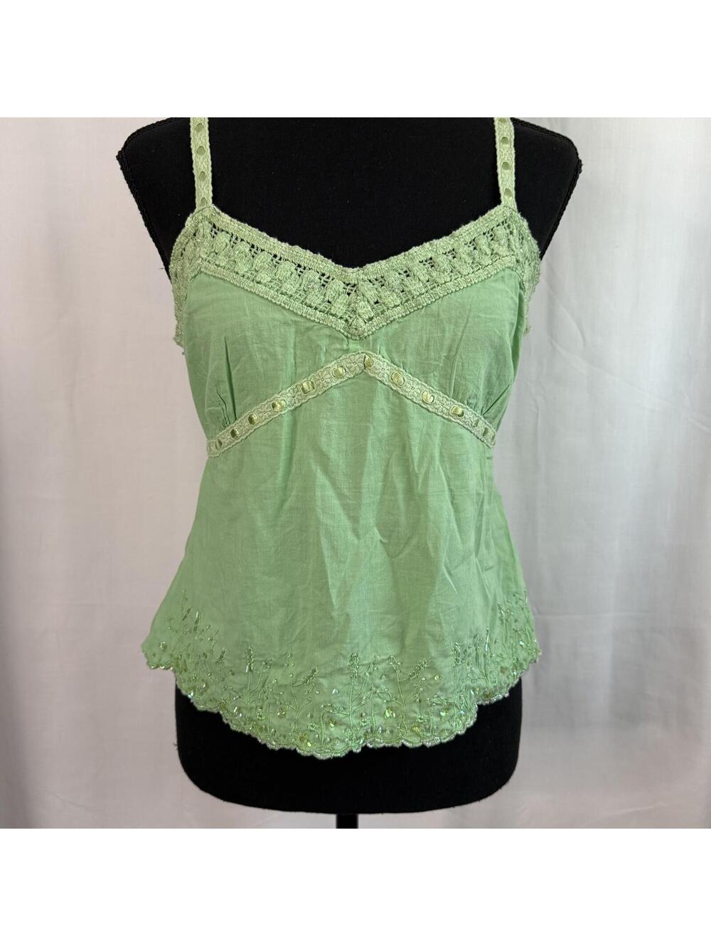 Fairy Tank Top L Light Green Crocheted Beaded Ribbon Y2K Fairycore Boho Shirt - Picture 2 of 9